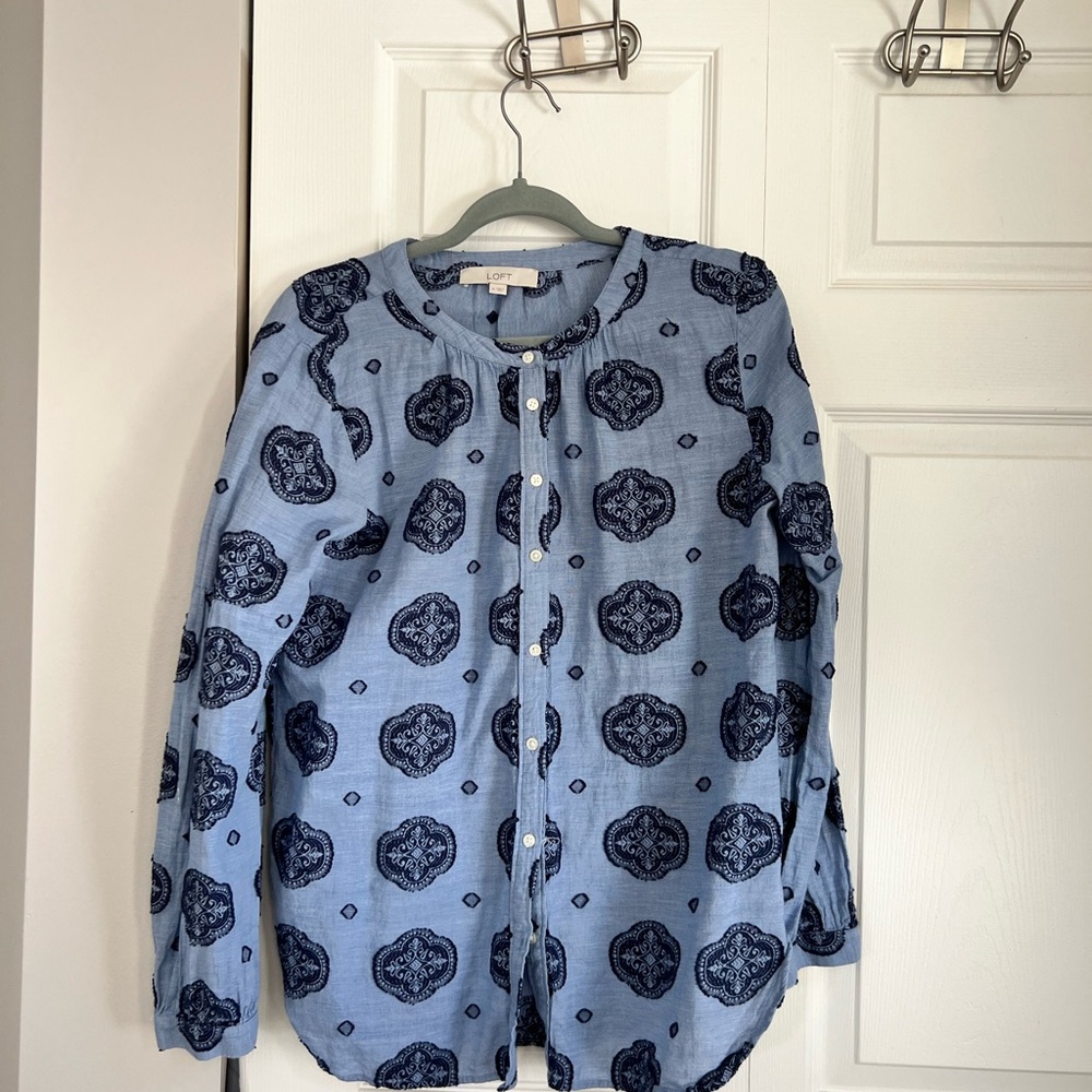 LOFT Navy and White Striped Blouse